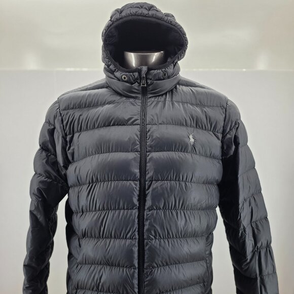 Polo Ralph Lauren Puffer Jacket Duck Down Hooded Men’s Black Lightweight XL - Picture 1 of 14